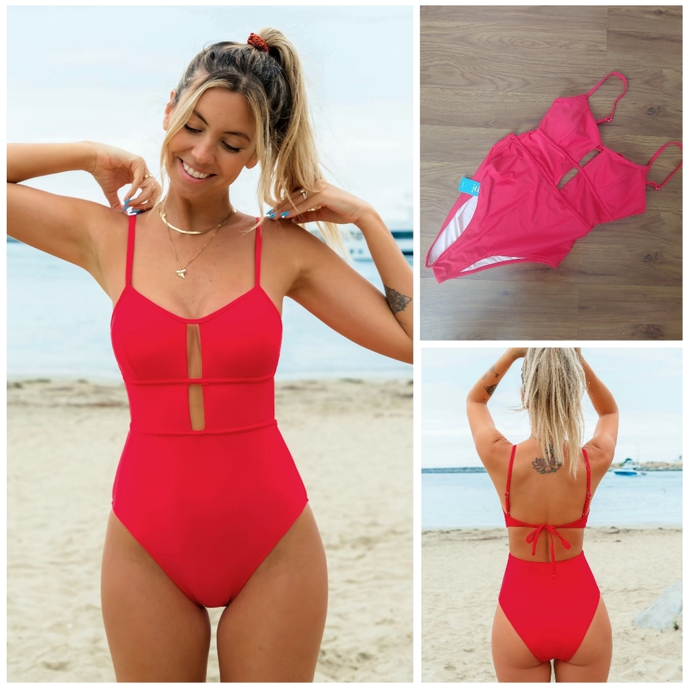 NWT Cupshe Vibrant Red Cut Out V One Piece Swimsuit Tulum Cheeky Bathing Suit L